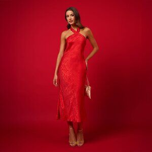 Adrianna Papell Foil Woven Halter Midi Red Cocktail Dress (Size 2)